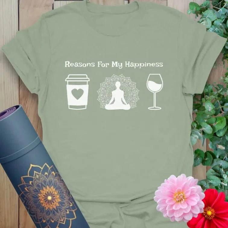 Calm sage green yoga t-shirt featuring playful happiness icons and quote for conscious, positive living.