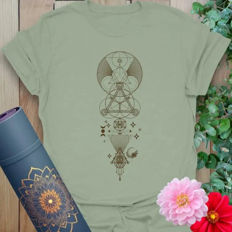 Calm sage green yoga t-shirt featuring spiritual sacred geometry and cosmic elements for grounded, mindful living.