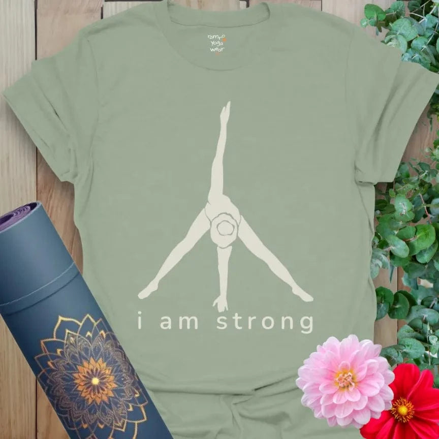 Sage I Am Strong T-Shirt with empowering yoga pose illustration. “I Am Strong” affirmation tee for yoga and mindfulness.