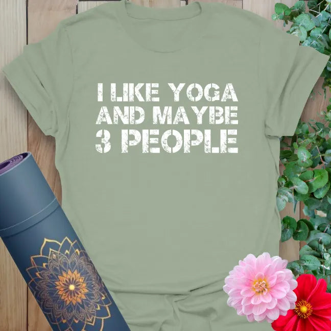 Calm sage green yoga t-shirt featuring funny yoga quote graphic perfect for mindful introverts and soulful seekers.