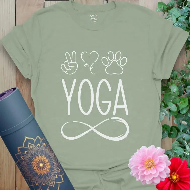 Sage Infinite Yoga T-Shirt featuring peace, heart, paw print, and infinity sign. Soft cotton yoga and pet lovers tee.
