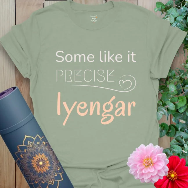 Sage green Iyengar T-Shirt with clear, soft text. Earthy tone for a centered, grounded look.