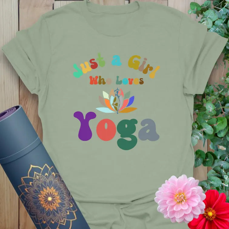 Calm sage green yoga t-shirt with vibrant playful yoga lover graphic for grounded, colorful living.