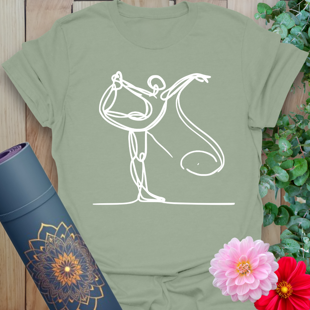 Calm sage green yoga t-shirt with flowing King Dancer Pose line art design symbolizing strength, balance, and mindfulness.