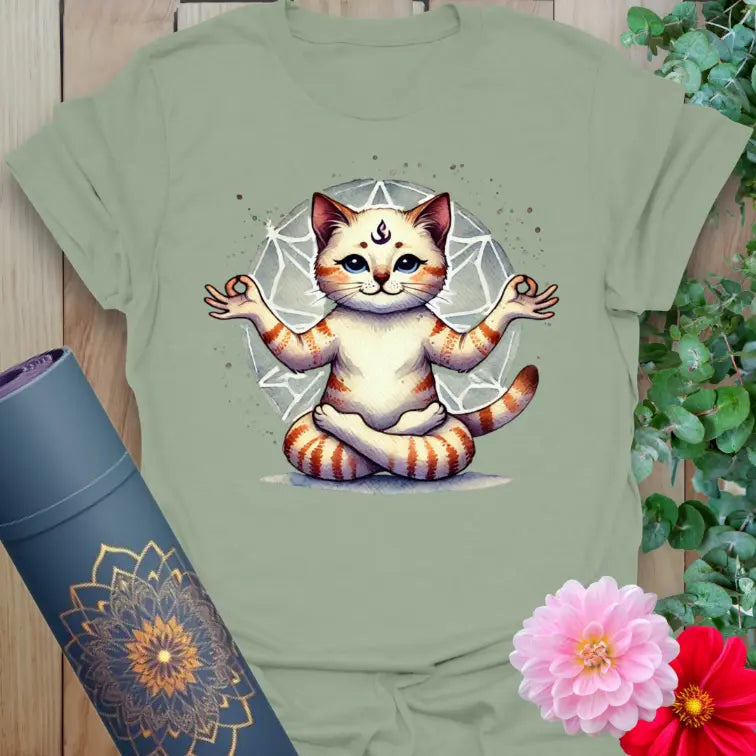 Calm sage green yoga t-shirt with peaceful yoga cat and sacred mandala design perfect for soul-centered, joyful living.