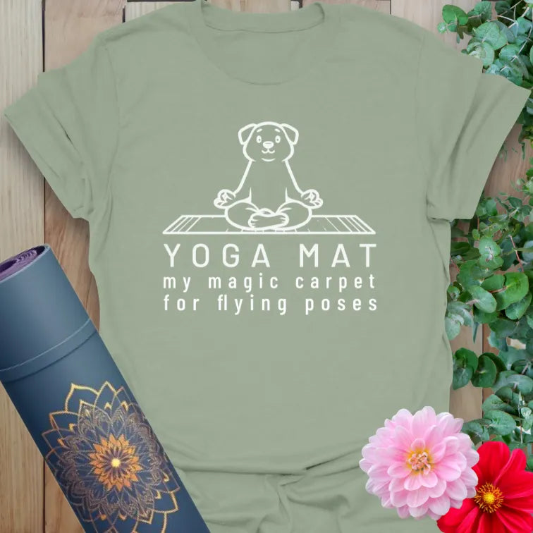 Calm sage green yoga t-shirt featuring adorable dog meditating on yoga mat for playful, conscious yoga living.