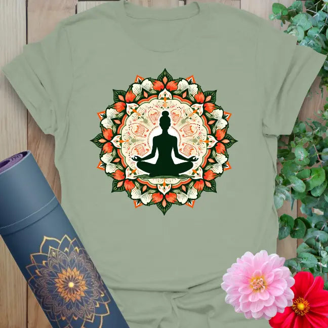 Calm sage green yoga t-shirt featuring peaceful mandala-centered meditation artwork inspiring soulful living and heart-centered presence.