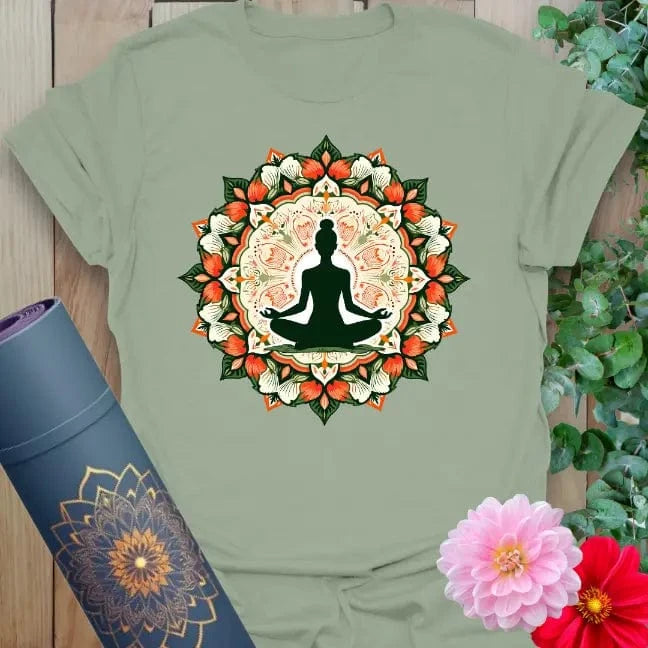 Calm sage green yoga t-shirt featuring peaceful mandala-centered meditation artwork inspiring soulful living and heart-centered presence.