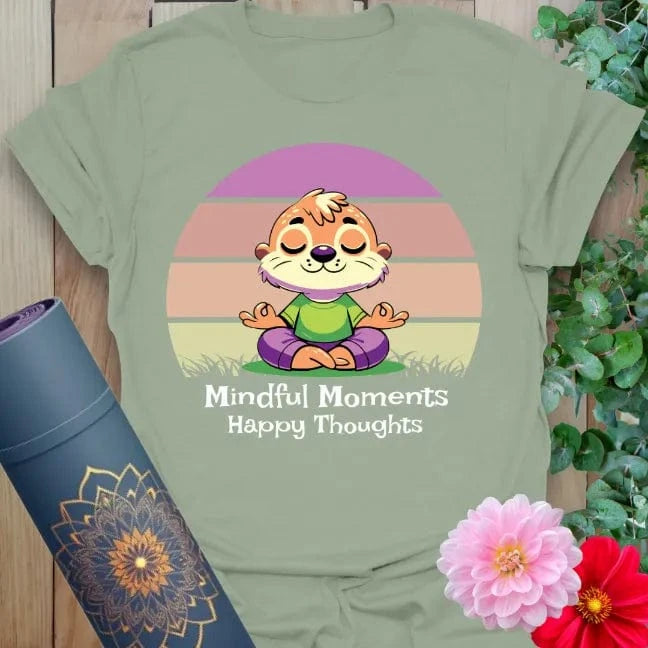 Calm sage green yoga t-shirt featuring cheerful meditation animal and uplifting mindfulness quote for soulful, conscious positivity.