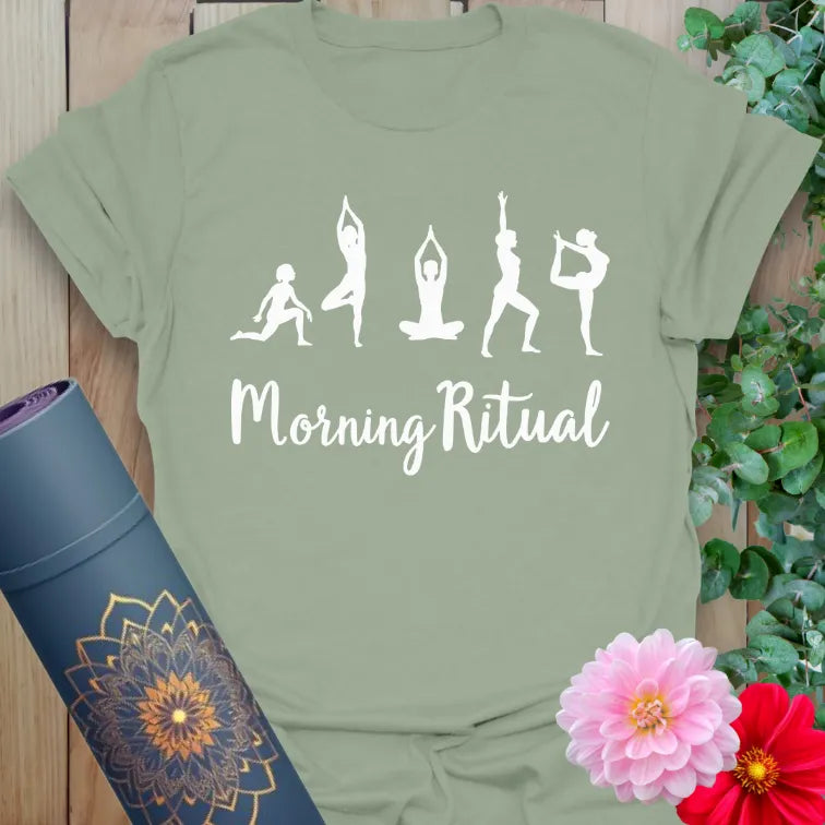 Calm sage green yoga t-shirt featuring mindful yoga poses and "Morning Ritual" design inspiring soulful, empowered mornings.