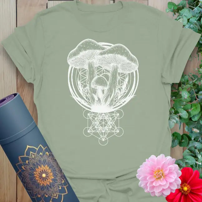 Calm sage green yoga t-shirt featuring sacred mushroom cluster artwork inspiring connection to nature’s cycles and conscious living.