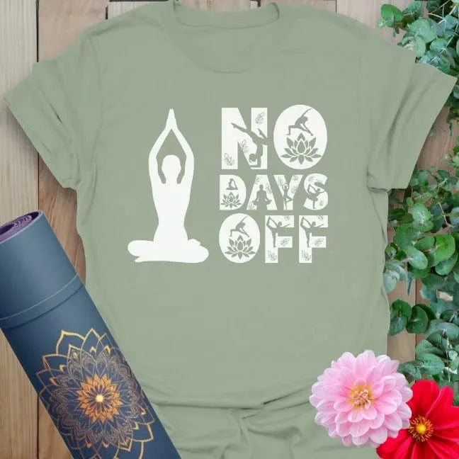 Calm sage green yoga t-shirt featuring mindful daily discipline message with meditating yogi artwork for conscious living.