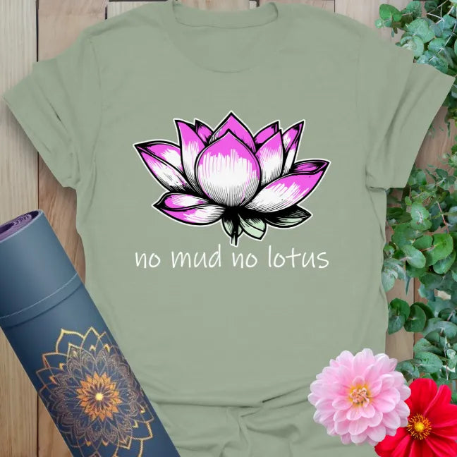 Calm sage green yoga t-shirt featuring colorful lotus flower and mindful growth message inspiring conscious strength and graceful transformation.