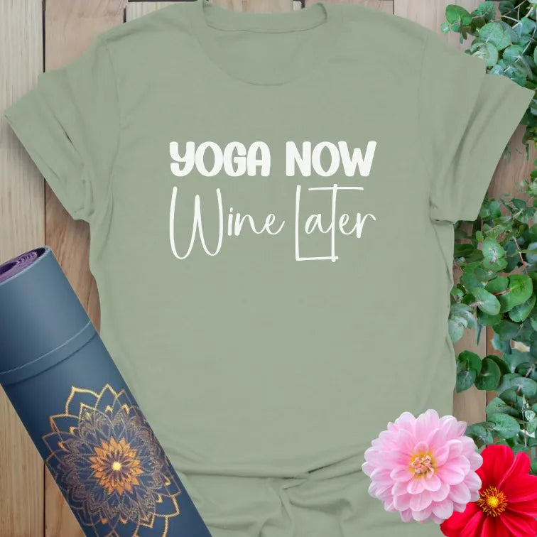 Calm sage green yoga t-shirt featuring playful balance mantra inspiring soulful movement, joy, and light-hearted conscious living
