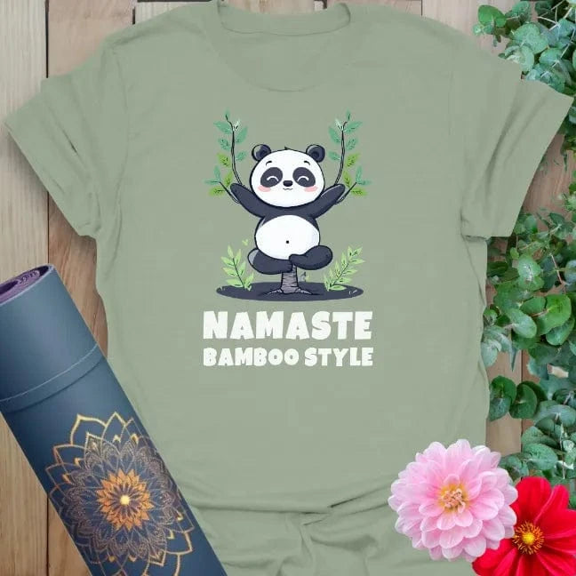 Calm sage green yoga t-shirt featuring fun "Namaste Bamboo Style" panda design for conscious, playful movement and relaxed living.