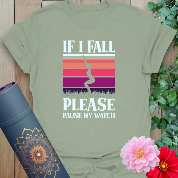 Calm sage green yoga t-shirt featuring humorous yoga design encouraging resilience, laughter, and mindful fitness.