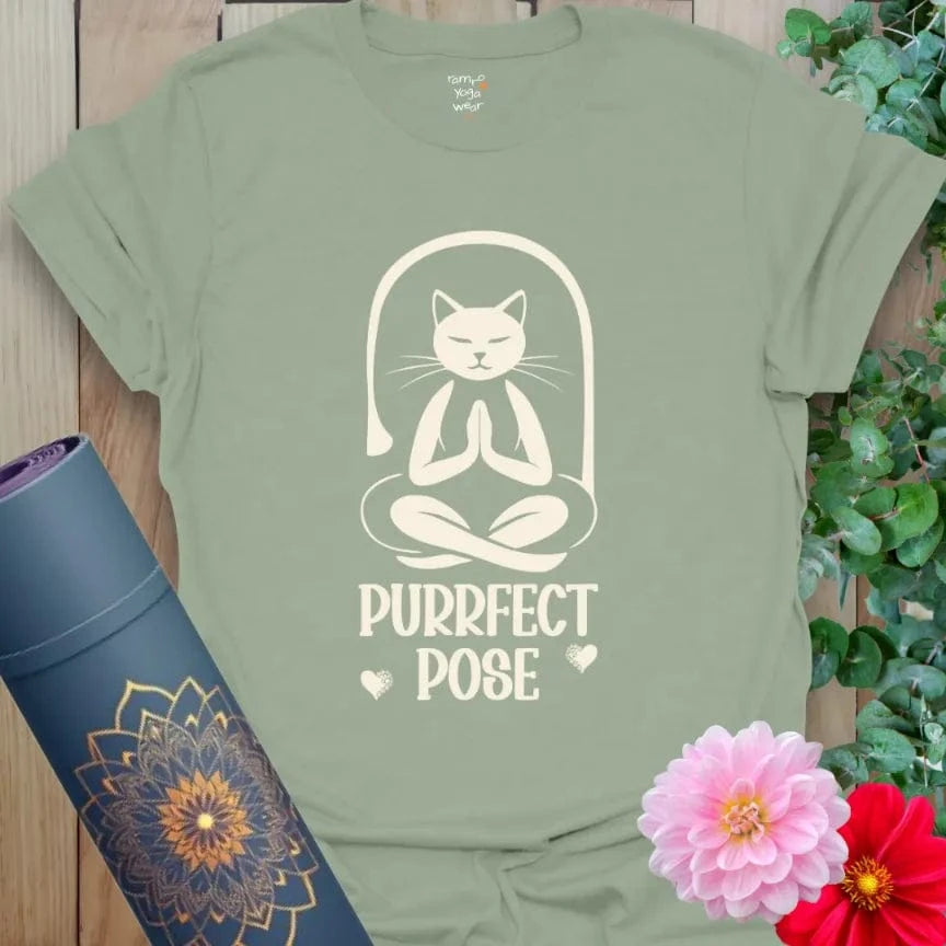 Sage Purrfect Pose T-Shirt showing a yoga cat in Tree Pose with “Purrfect Pose” text. Relaxed yoga gift for cat lovers.