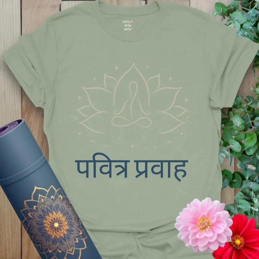 Sage Sacred Flow T-Shirt with calming lotus flower, yogi outline, and Sanskrit mantra. Soft cotton yoga tee for grounding and flow.
