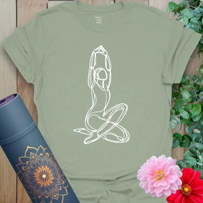 Calm sage green yoga t-shirt featuring flowing seated goddess design for heart-centered living, soulful movement, and mindful grace.