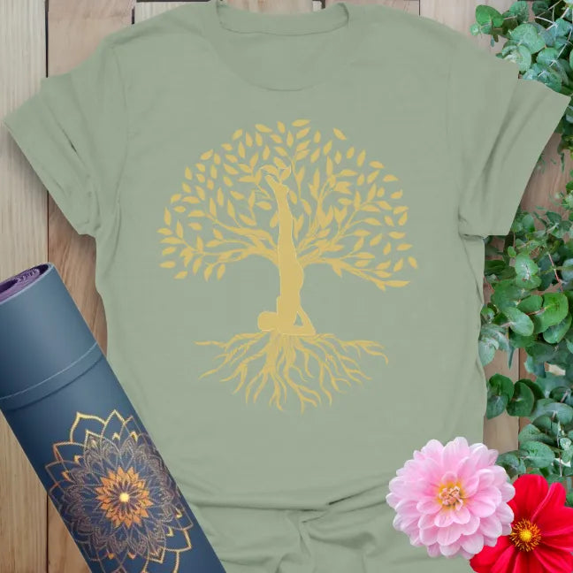 Calm sage green yoga t-shirt featuring rooted yogi shoulder stand growing into tree of life symbolizing mindful balance and soulful living.