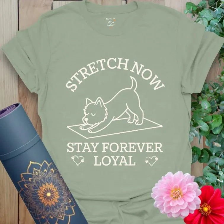 Sage Stay T-Shirt with Westie stretch illustration and mindful, loyal living theme.