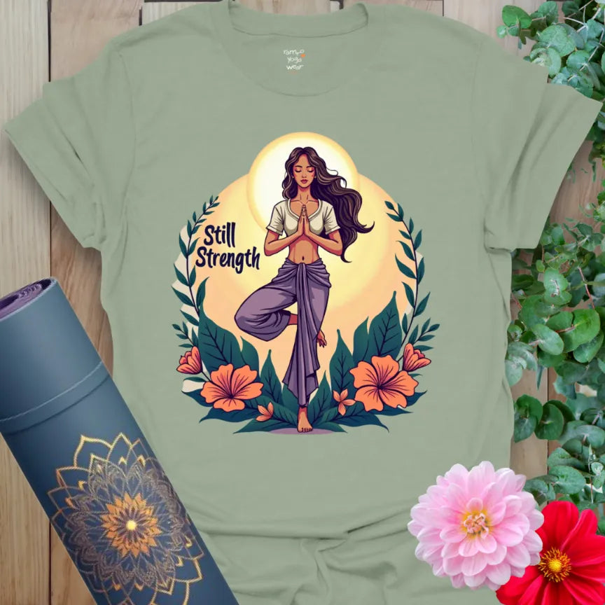 Sage green yoga t-shirt with full-color Tree Pose design, symbolizing grounded feminine energy and soulful strength.