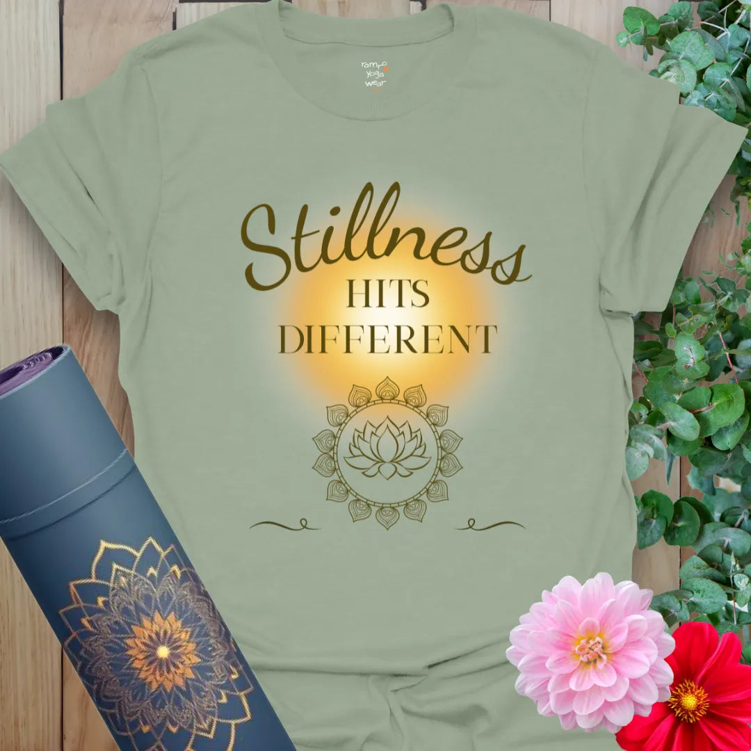 Sage Stillness Hits T-Shirt with serene golden glow and lotus mandala. Designed for inner peace, daily breathwork, or lounging in stillness.