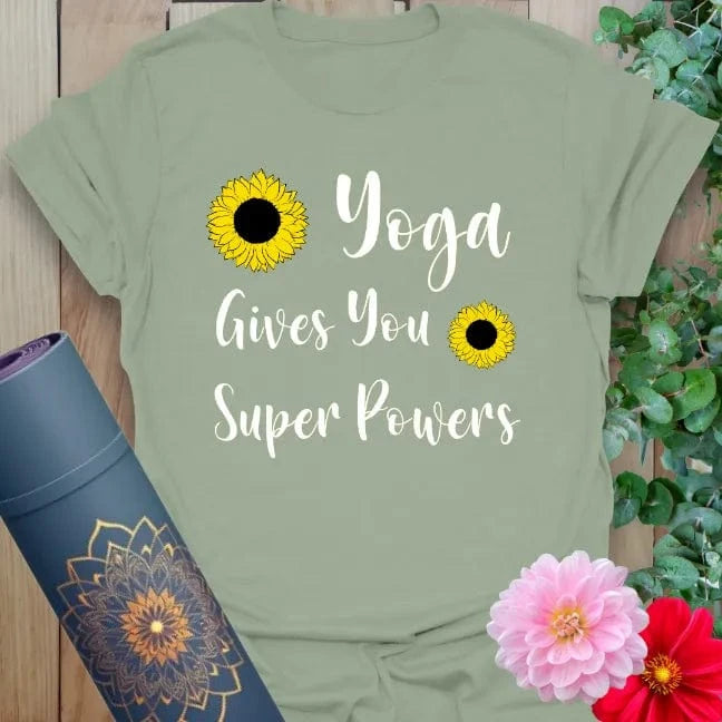 Sage green yoga tee featuring handwritten mantra and sunflower graphics, perfect for light-hearted empowerment.