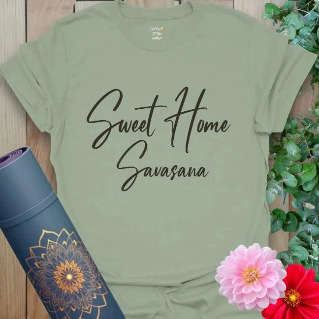 Sage green shirt with black lettering. The perfect yoga gift for those who believe savasana is a lifestyle.