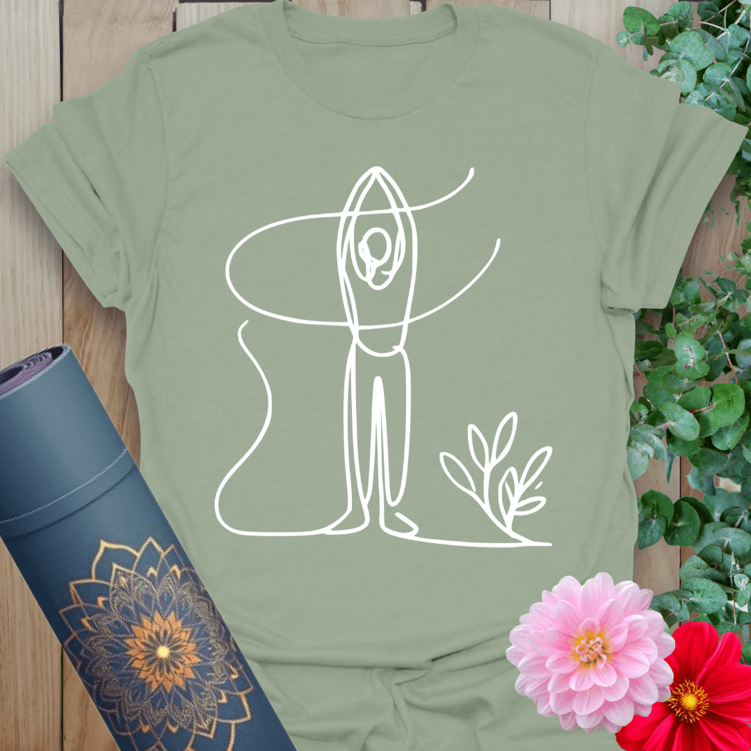 Sage green yoga tee with elegant Tadasana illustration and nature motif, ideal for breathwork, grounding, and ease.