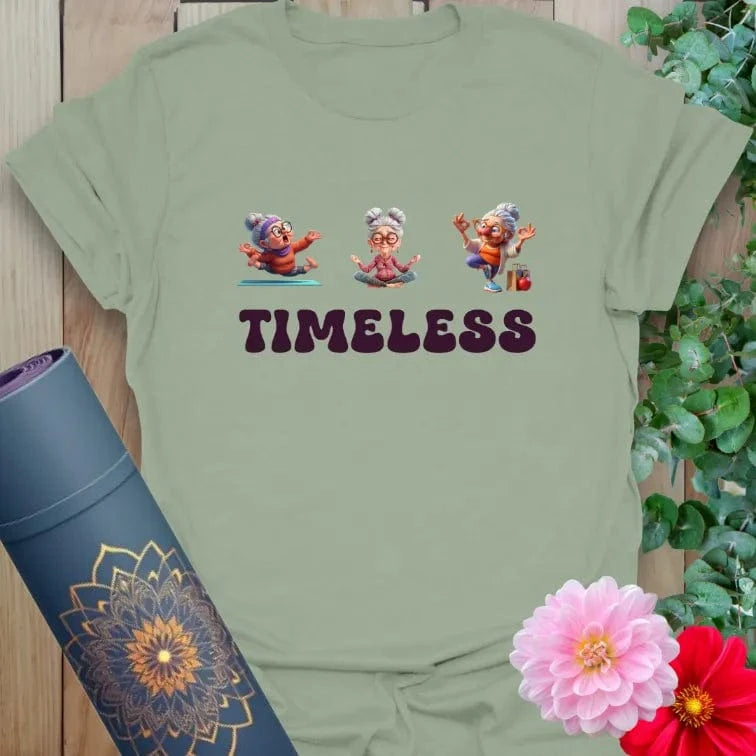 Sage green yoga t-shirt with multigenerational movement graphic celebrating joy, wellness, and timeless energy.