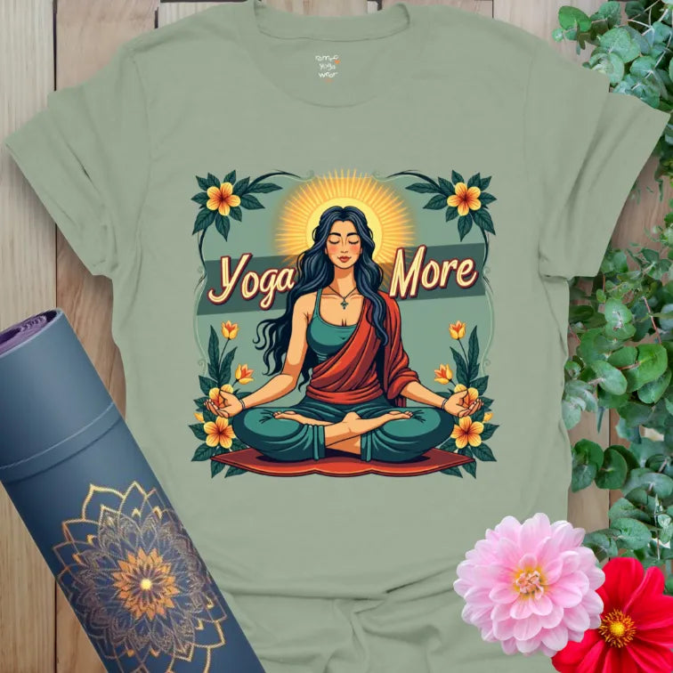 Sage green yoga t-shirt with divine feminine artwork and spiritual affirmation for centered, grounded practice.