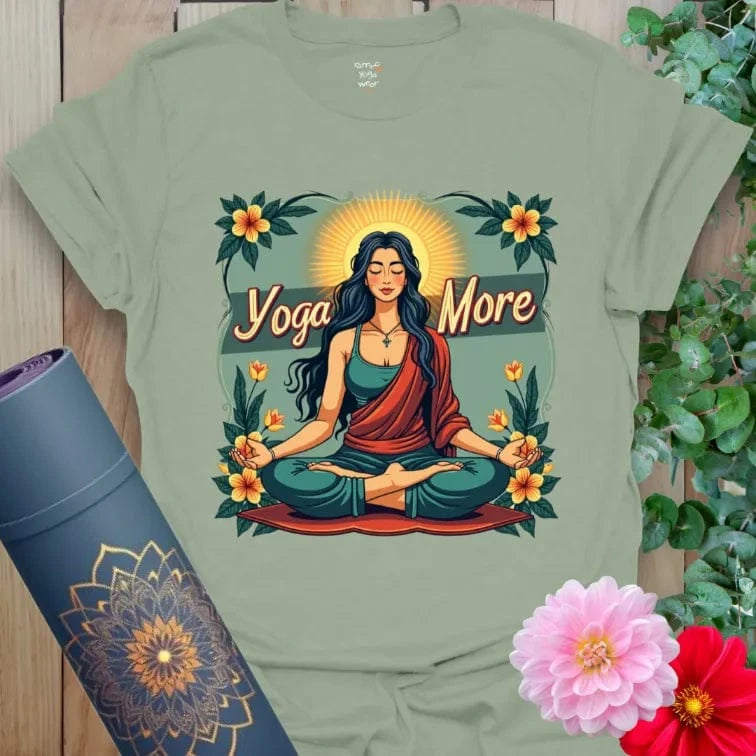 Sage green yoga t-shirt with divine feminine artwork and spiritual affirmation for centered, grounded practice.
