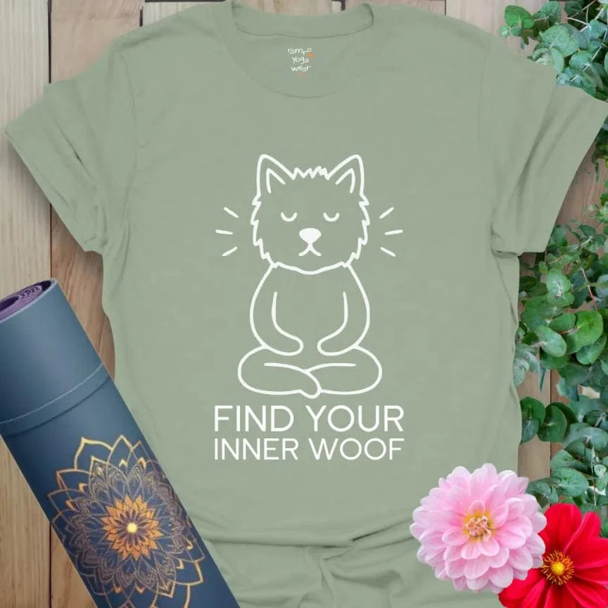 Sage Zen Pup T-Shirt featuring seated dog in zen meditation pose and “Find Your Inner Woof” text. Lighthearted yoga and mindfulness shirt.