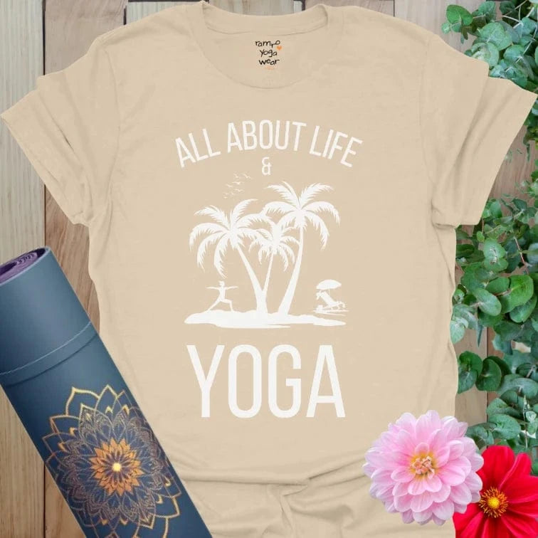 Sand About Life T-Shirt with yoga and palm tree graphic. Earthy tones and peaceful vibes meet comfy cotton feel.
