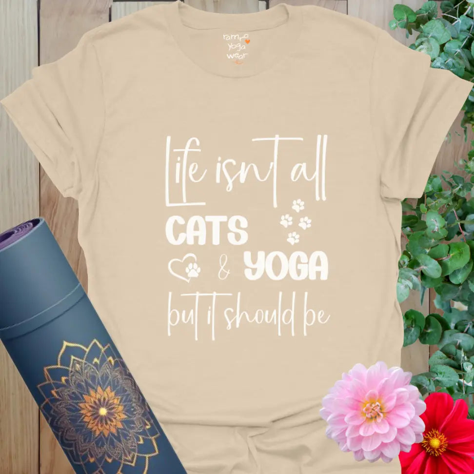 Sand Cat Yoga T-Shirt with white paw prints and heart design. Comfortable everyday tee for yoga & cat fans.