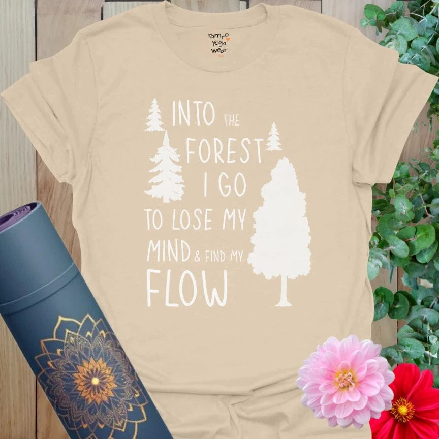 Sand Forest T-Shirt featuring hand-drawn trees and flow quote. Neutral tone yoga shirt for forest peace and clarity.