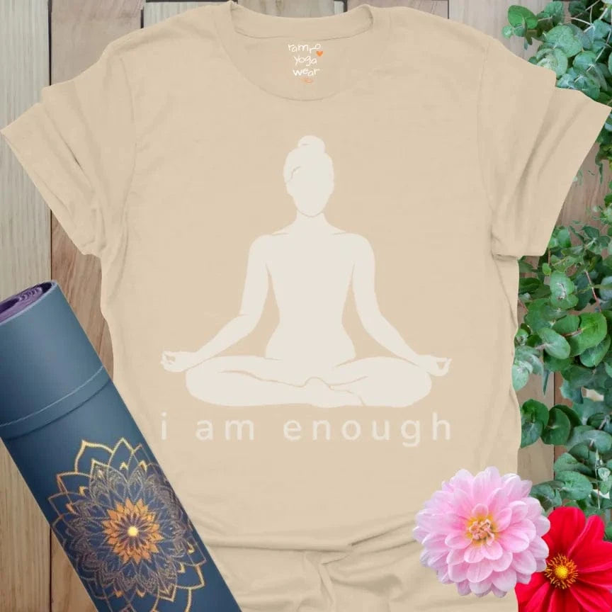 Sand I Am Enough T-Shirt featuring neutral-toned yogi design with affirmation “I Am Enough.” Everyday yoga lifestyle tee for calm and confidence.
