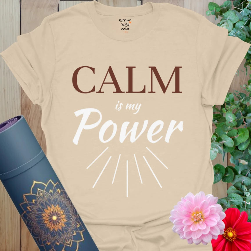 Sand My Power T-Shirt with minimalist sunbeam rays and “Calm is my Power” text. A grounding tee for peaceful presence.