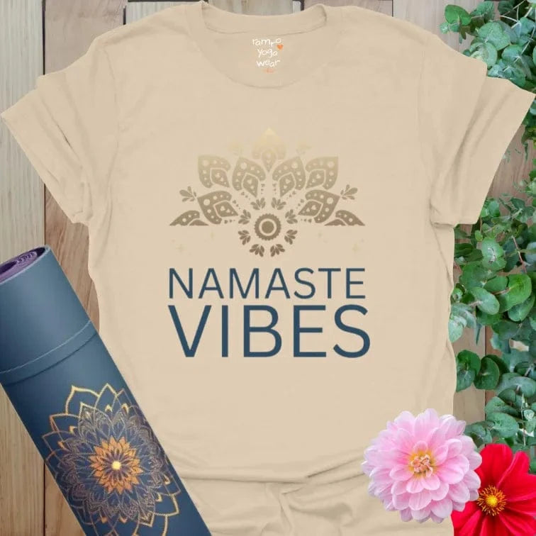 Sand Namaste Vibes T-Shirt with golden mandala and Namaste Vibes design. Elegant yoga-inspired tee for everyday wear.