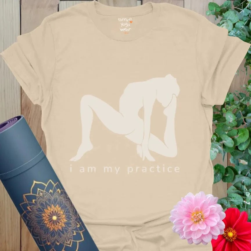 Sand Practice T-Shirt with white yoga silhouette and mantra text. Soft mindful movement wear.