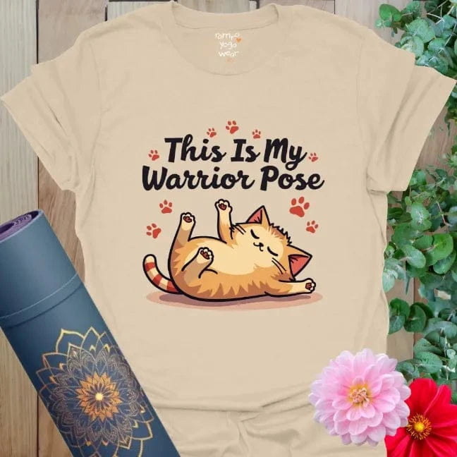 Sand Sleepy Warrior Cat T-Shirt with whimsical cat illustration and yoga humor design.