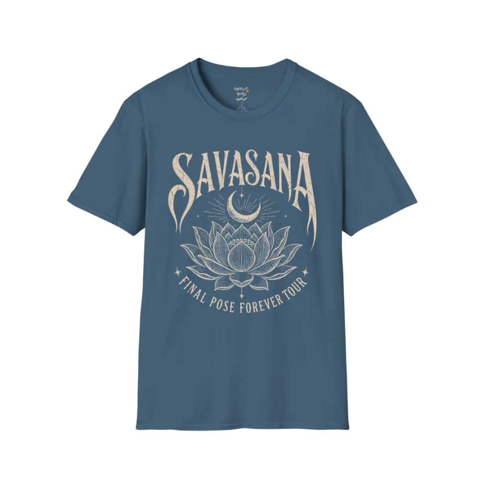 Savasana T-Shirt in Indigo Blue featuring detailed lotus artwork and relaxed yoga-inspired streetwear styling.