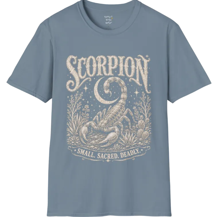 A short sleeved tee with the illustration of a Scorpion beneath a crescent moon with desert botanicals, "Small. Sacred. Deadly." banner design — Wild Animals collection by Ramro Yoga Wear in Stone Blue.