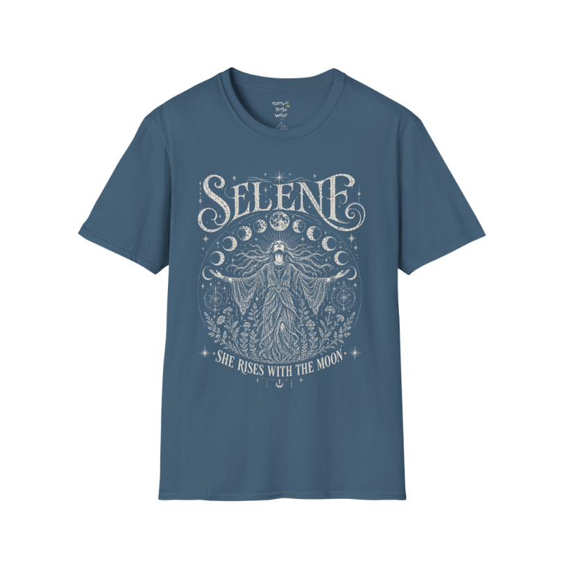 Indigo Blue Selene T-Shirt with vintage mystical moon goddess artwork, celestial stars, and lunar phases in distressed cream screenprint style.