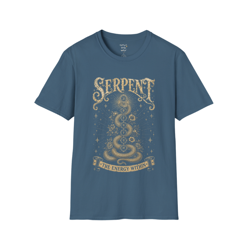 Indigo Blue Serpent T-Shirt featuring distressed gold serpent artwork with chakra and celestial influences. Soulful yoga lifestyle tee with a mystical vintage aesthetic.