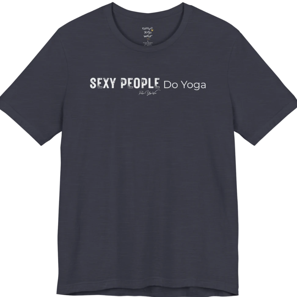 A short sleeved tee called the Sexy T-Shirt, flat lay and a soft cotton shirt. Simply says, Sexy People Do Yoga. Design highlights bold distressed block lettering for Sexy People beside lighter thin lettering for Do Yoga, with a small script signature underneath. Color is Heather Midnight Navy.