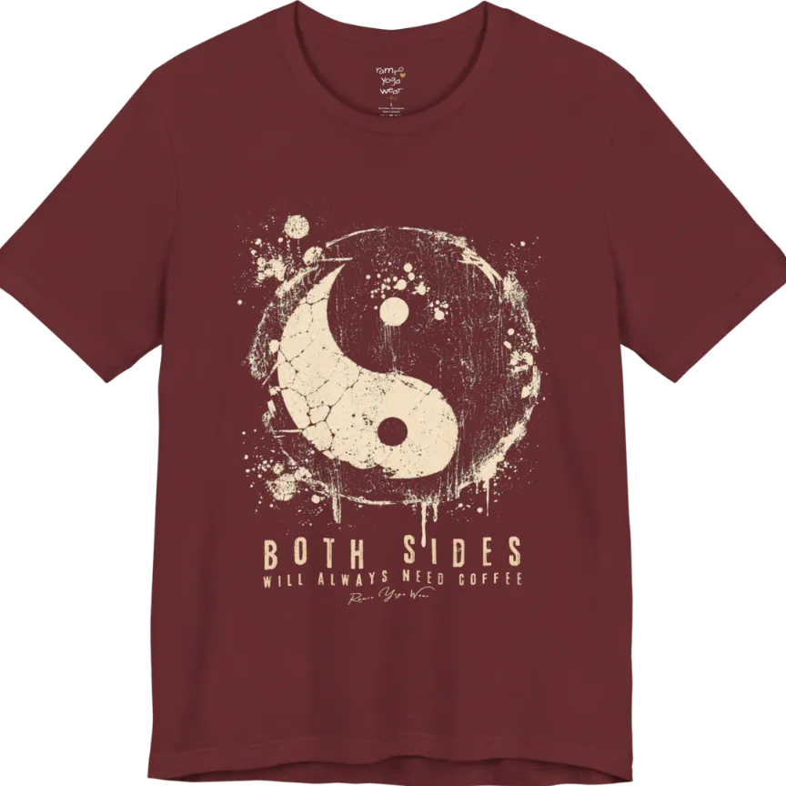 A short sleeved tee called the Sides T-Shirt, flat lay and a Bella+Canvas 3001 shirt. Simply says, Both Sides Will Always Need Coffee. Design highlights a cracked, splattered grunge yin yang with ink drips. Color is Heather Cardinal.