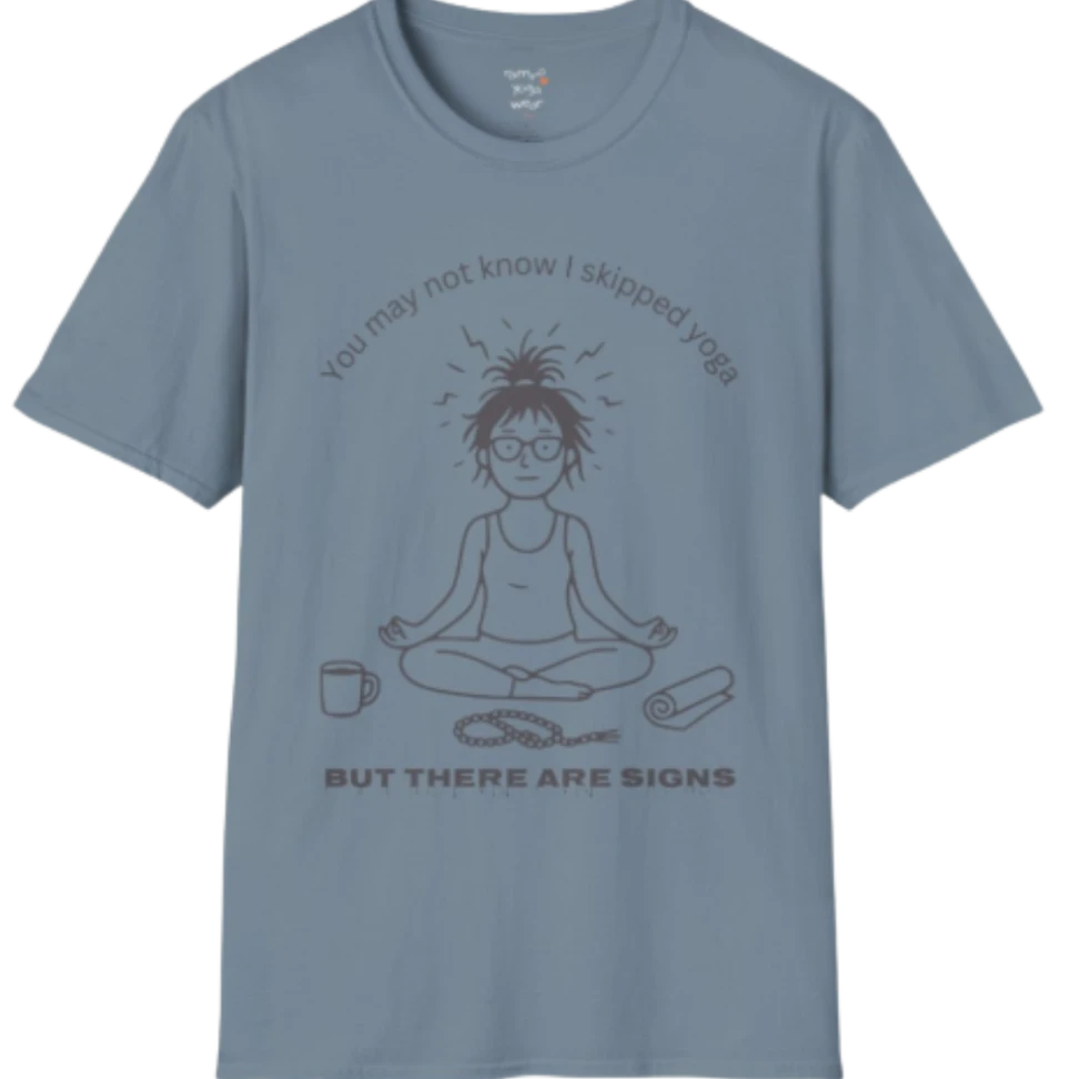 Illustrated meditating figure with swirling thoughts above, mug and shoe beside them, “but there are signs” design — The Vault collection by Ramro Yoga Wear — Stone Blue