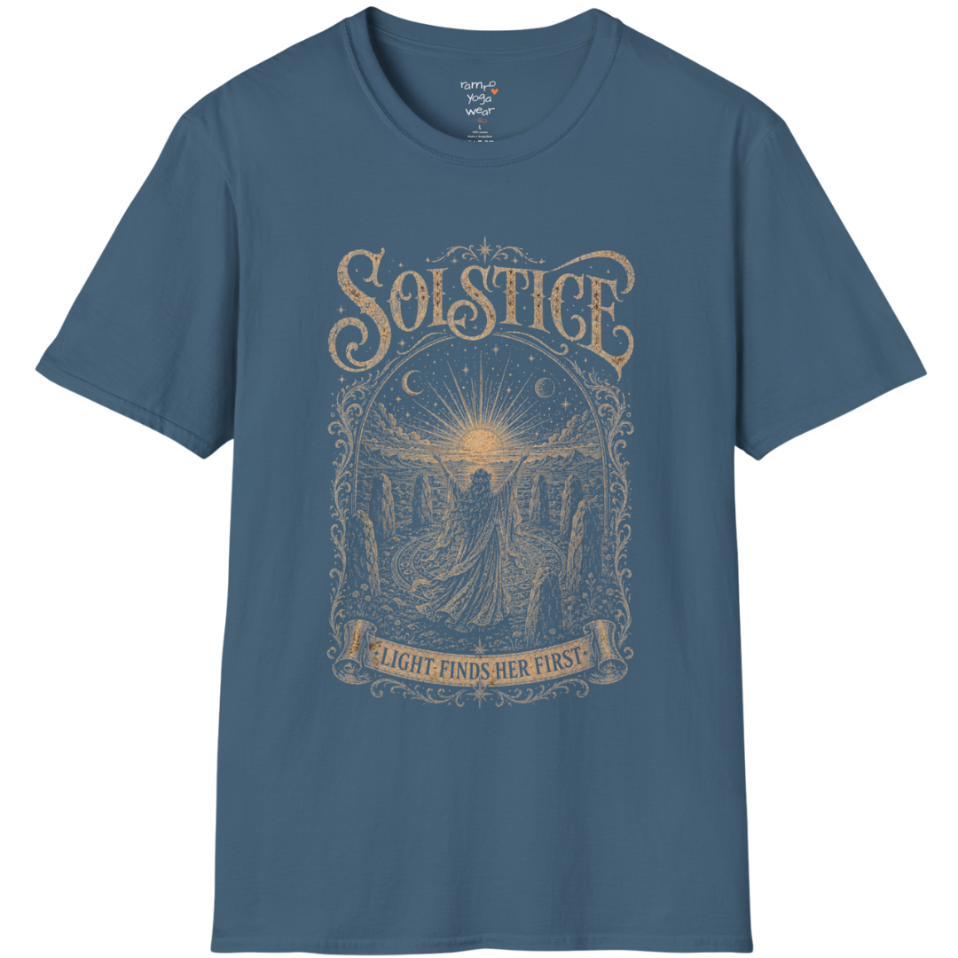 Woman in stone circle arms raised at sunrise engraving design — Sacred Thread collection by Ramro Yoga Wear — Indigo Blue